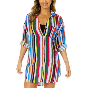 Anne Cole Women's Size Medium Multicolor Striped Oversized Cover-Up Shirt NWT